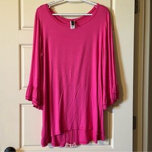 Women's Pink Ruffle Sleeve Tunic with lace and button detail down the back
